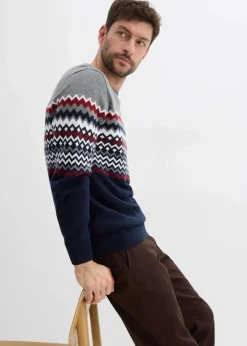 bonprix Große Größen|Pullover & Strickjacken|Norweger Pullover mit reiner Baumwolle grau meliert/dunkelblau