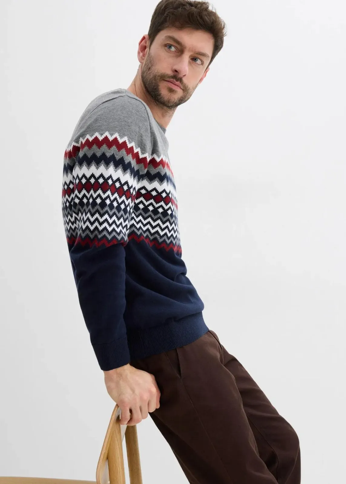 bonprix Große Größen|Pullover & Strickjacken|Norweger Pullover mit reiner Baumwolle grau meliert/dunkelblau