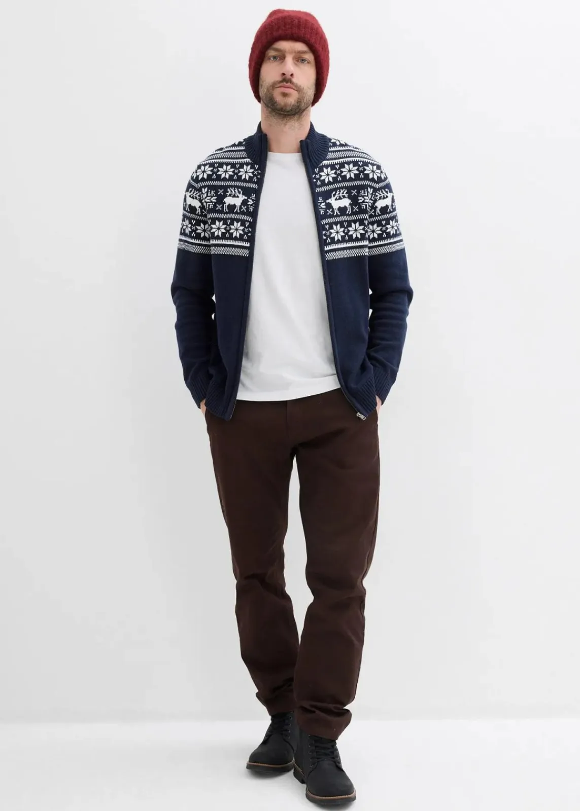 bonprix Große Größen|Pullover & Strickjacken|Norweger Strickjacke aus reiner Baumwolle dunkelblau