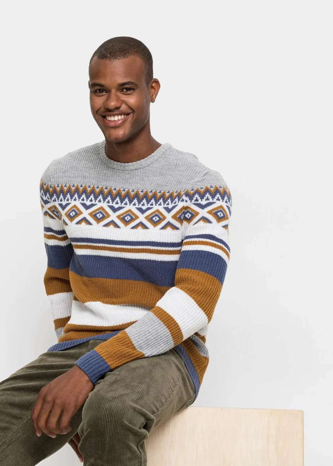 bonprix Pullover & Strickjacken|Große Größen|Norweger-Pullover rehbraun/indigo/wollweiß norwegermuster