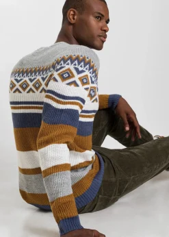 bonprix Pullover & Strickjacken|Große Größen|Norweger-Pullover rehbraun/indigo/wollweiß norwegermuster