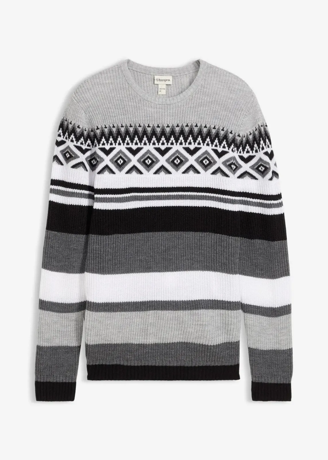 bonprix Große Größen|Pullover & Strickjacken|Norweger-Pullover schwarz/grau meliert norwegermuster