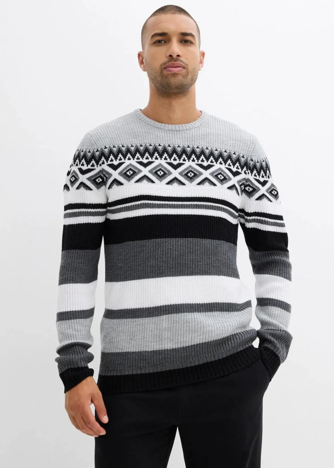 bonprix Große Größen|Pullover & Strickjacken|Norweger-Pullover schwarz/grau meliert norwegermuster