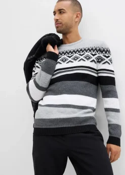 bonprix Große Größen|Pullover & Strickjacken|Norweger-Pullover schwarz/grau meliert norwegermuster