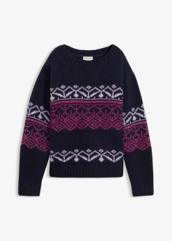 bonprix Bekleidung·Umstandsmode|Pullover & Strickjacken|Norweger-Pullover dunkelblau bedruckt