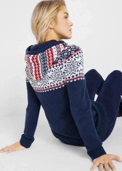 bonprix Bekleidung·Umstandsmode|Bekleidung·Jeans|Norweger-Pullover mit Kapuze dunkelblau norwegermuster