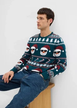 bonprix Große Größen|Pullover & Strickjacken|Norweger-Pullover mit recycelter Baumwolle tiefgrün/schwarz/ahornrot/aprikose/wollweiß norwegermuster