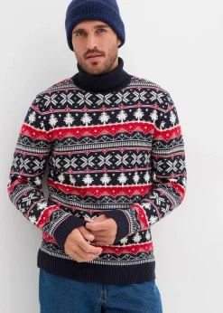 bonprix Große Größen|Pullover & Strickjacken|Norweger-Pullover mit Rollkragen dunkelblau