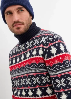 bonprix Große Größen|Pullover & Strickjacken|Norweger-Pullover mit Rollkragen dunkelblau