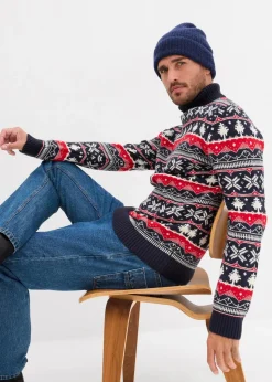 bonprix Große Größen|Pullover & Strickjacken|Norweger-Pullover mit Rollkragen dunkelblau