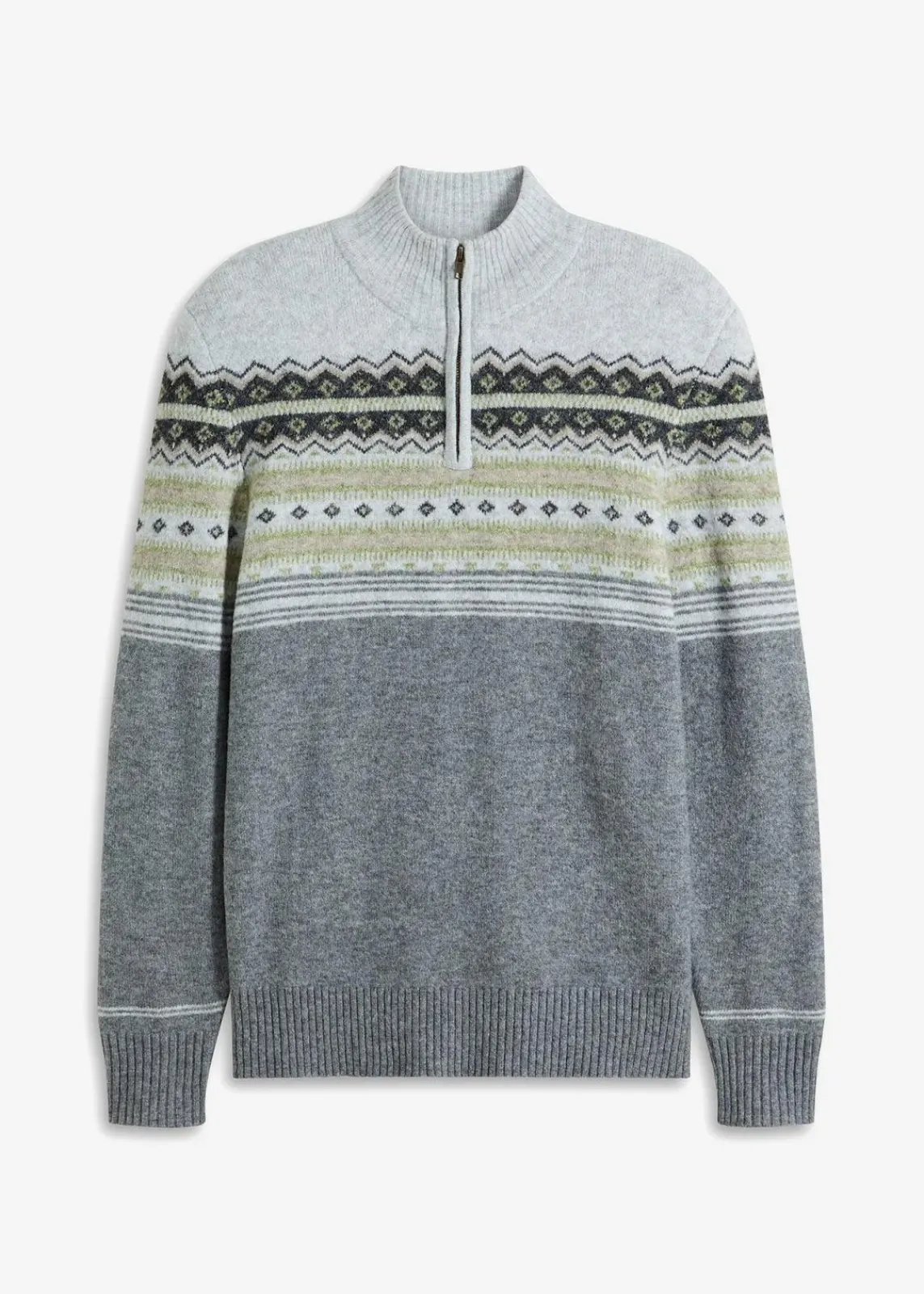 bonprix Pullover & Strickjacken|Große Größen|Norweger-Pullover mit Stehkragen hellgrau meliert norwegermuster