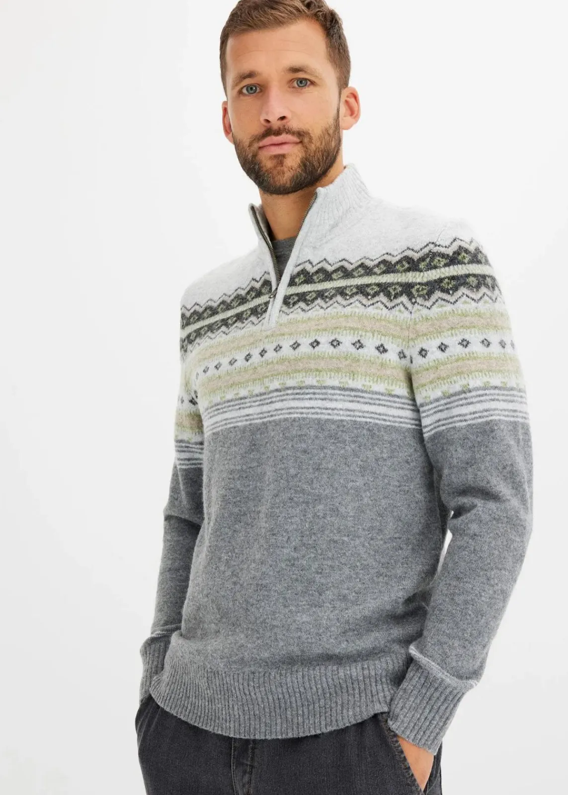 bonprix Pullover & Strickjacken|Große Größen|Norweger-Pullover mit Stehkragen hellgrau meliert norwegermuster