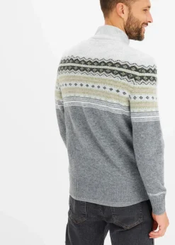 bonprix Pullover & Strickjacken|Große Größen|Norweger-Pullover mit Stehkragen hellgrau meliert norwegermuster