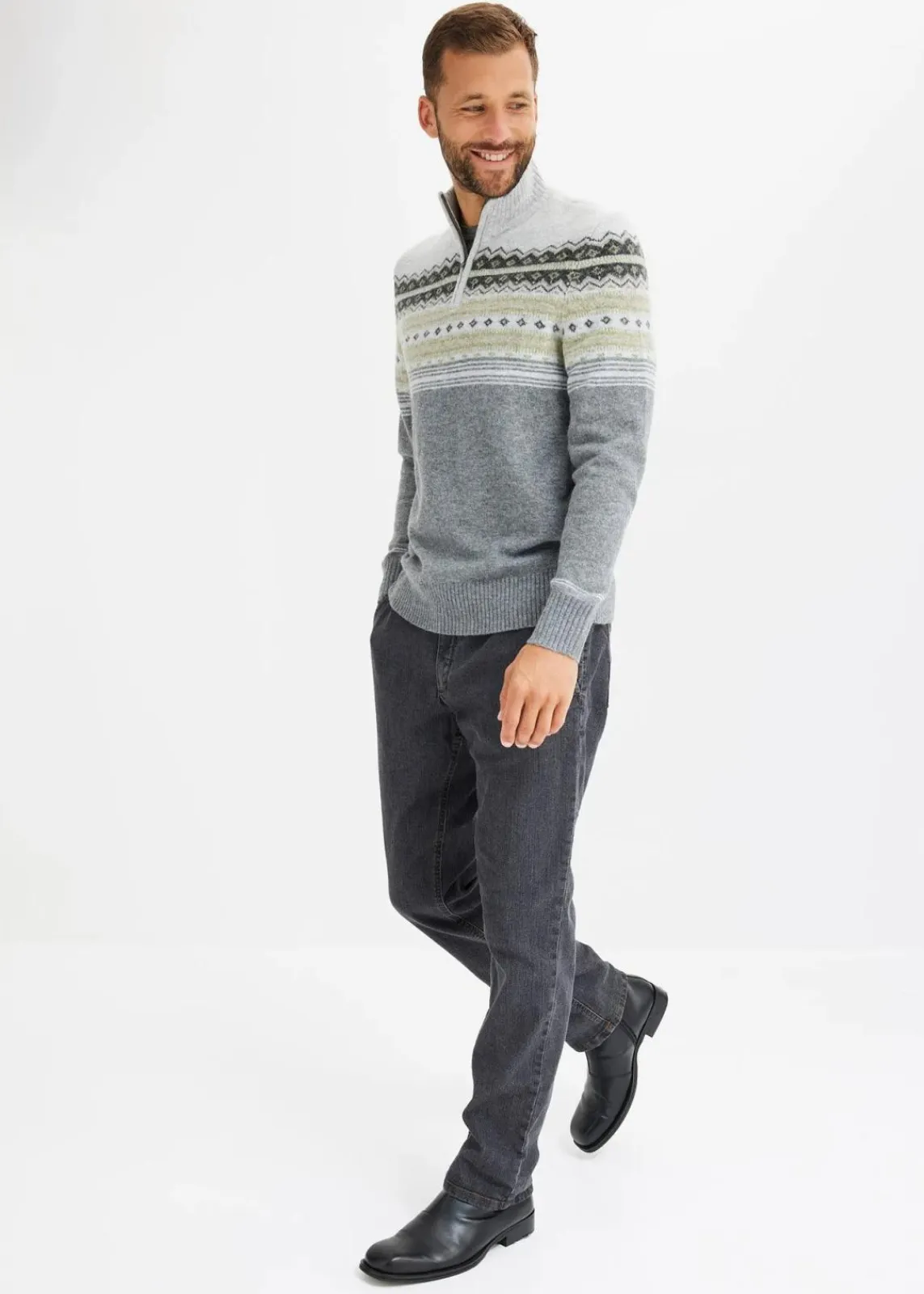 bonprix Pullover & Strickjacken|Große Größen|Norweger-Pullover mit Stehkragen hellgrau meliert norwegermuster