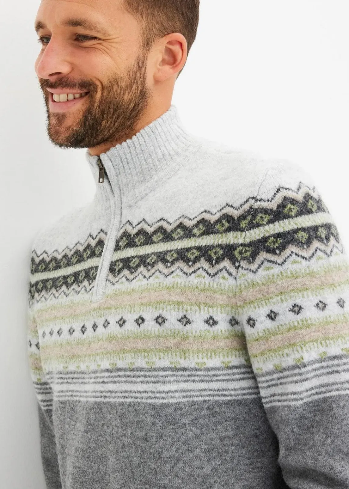 bonprix Pullover & Strickjacken|Große Größen|Norweger-Pullover mit Stehkragen hellgrau meliert norwegermuster