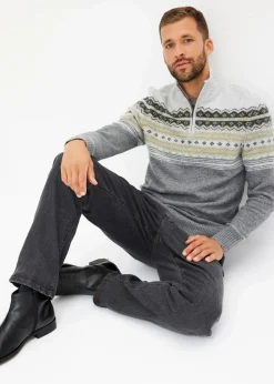 bonprix Pullover & Strickjacken|Große Größen|Norweger-Pullover mit Stehkragen hellgrau meliert norwegermuster