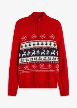 bonprix Pullover & Strickjacken|Große Größen|Norweger-Pullover mit Troyerkragen salsarot norwegermuster
