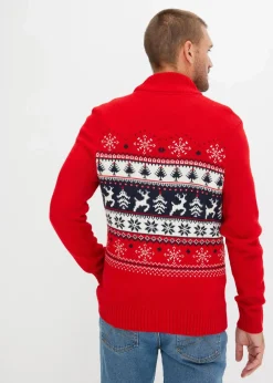 bonprix Pullover & Strickjacken|Große Größen|Norweger-Pullover mit Troyerkragen salsarot norwegermuster