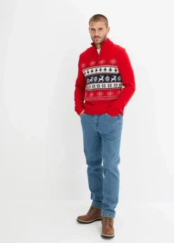 bonprix Pullover & Strickjacken|Große Größen|Norweger-Pullover mit Troyerkragen salsarot norwegermuster