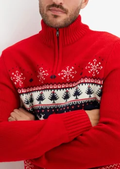 bonprix Pullover & Strickjacken|Große Größen|Norweger-Pullover mit Troyerkragen salsarot norwegermuster