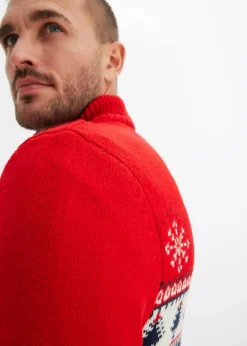 bonprix Pullover & Strickjacken|Große Größen|Norweger-Pullover mit Troyerkragen salsarot norwegermuster