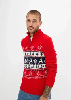 bonprix Pullover & Strickjacken|Große Größen|Norweger-Pullover mit Troyerkragen salsarot norwegermuster