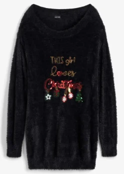 bonprix Bekleidung·Jeans|Pullover & Strickjacken|Off-Shoulder-Pullover mit Weihnachtsmotiv schwarz