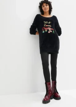 bonprix Bekleidung·Jeans|Pullover & Strickjacken|Off-Shoulder-Pullover mit Weihnachtsmotiv schwarz