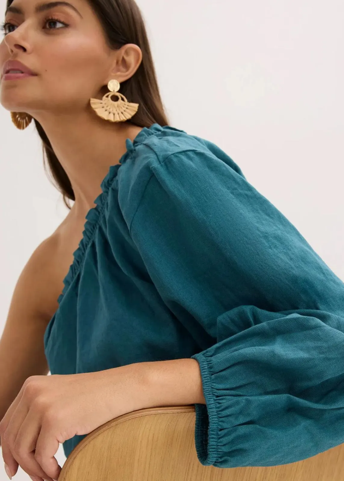 bonprix Blusen & Tuniken|One-Shoulder Bluse mit Leinenanteil pfeffergrün