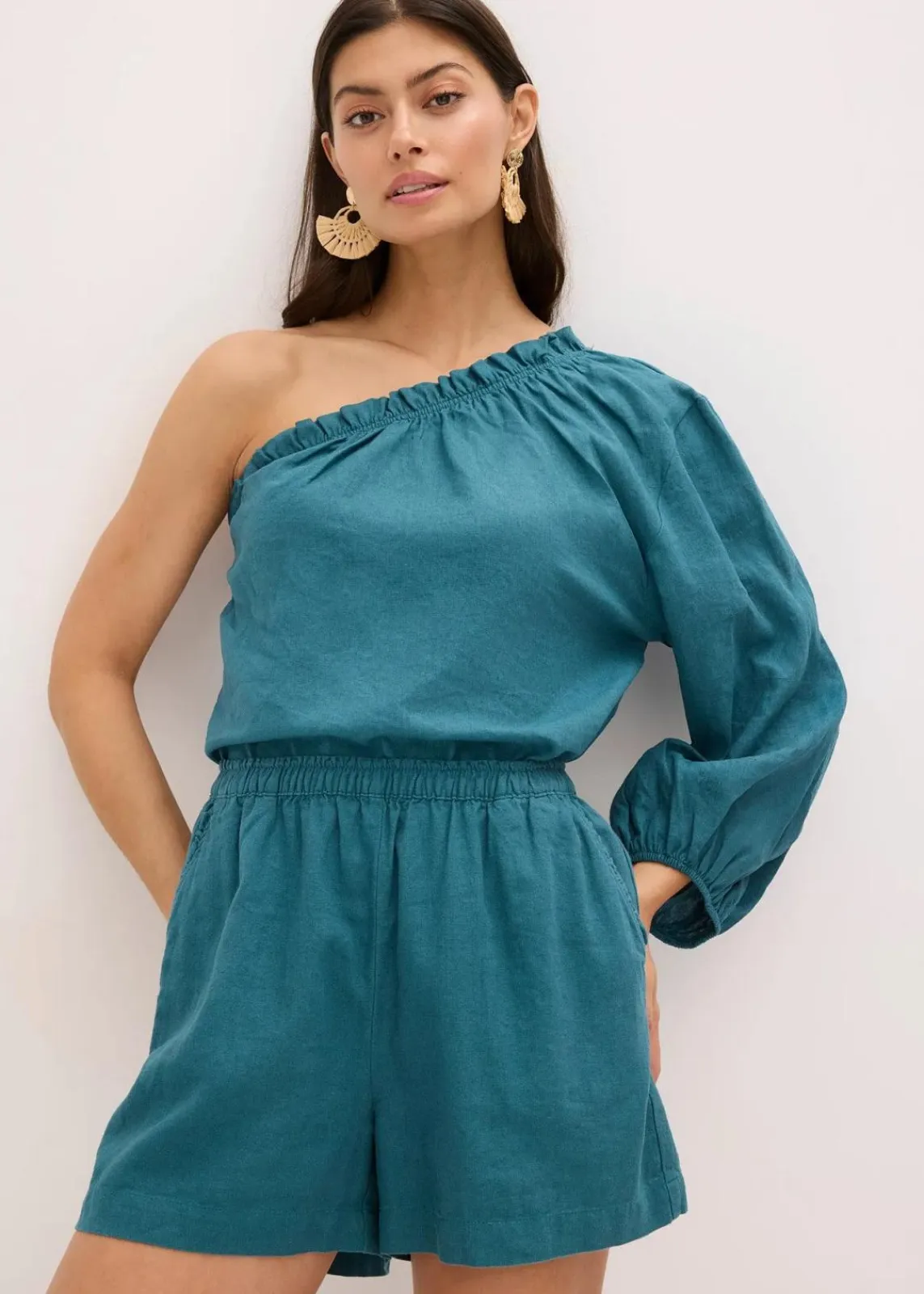 bonprix Blusen & Tuniken|One-Shoulder Bluse mit Leinenanteil pfeffergrün