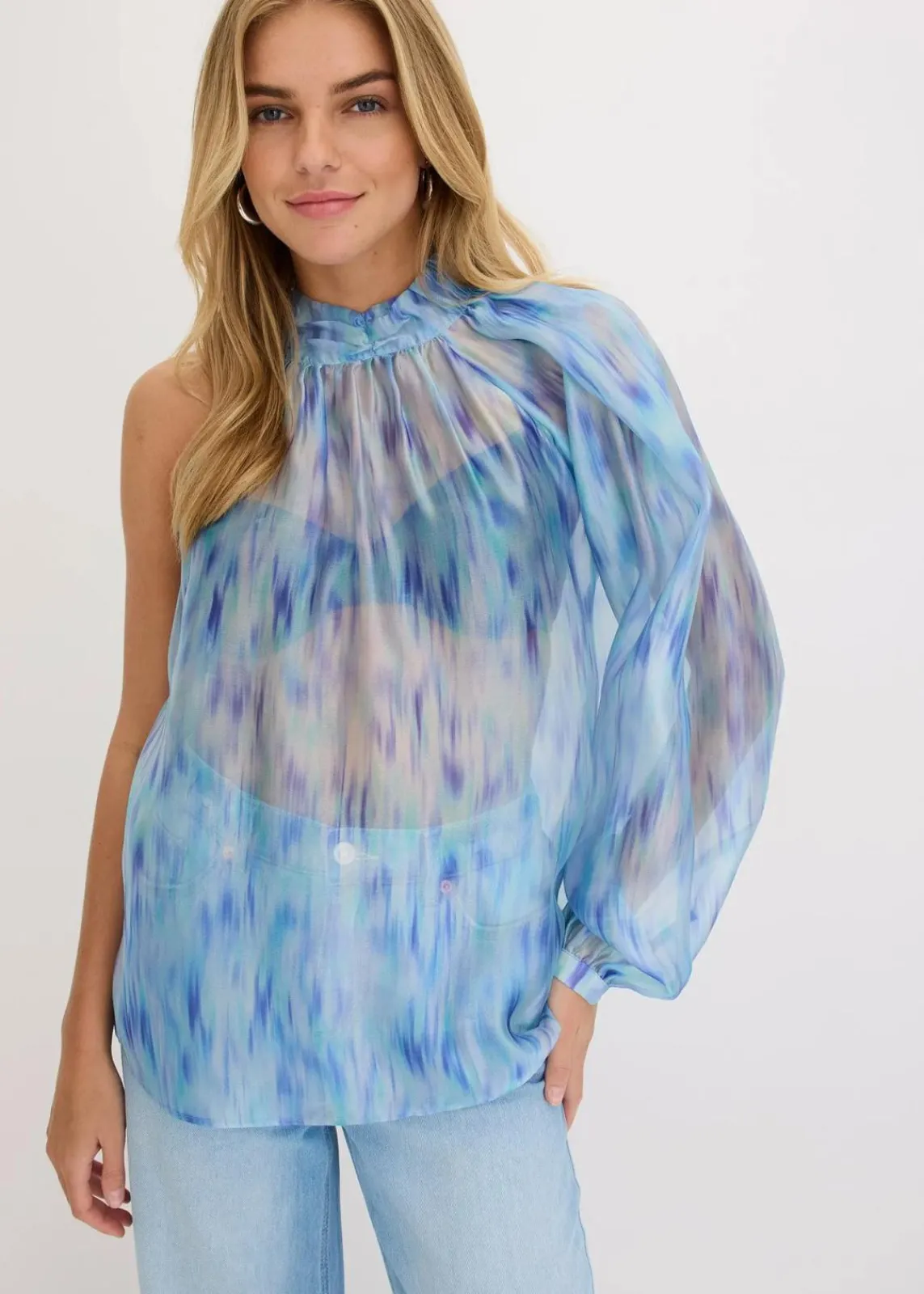 bonprix Blusen & Tuniken|One-Shoulder Chiffonbluse mit leichter Transparenz blau bedruckt
