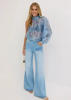 bonprix Blusen & Tuniken|One-Shoulder Chiffonbluse mit leichter Transparenz blau bedruckt