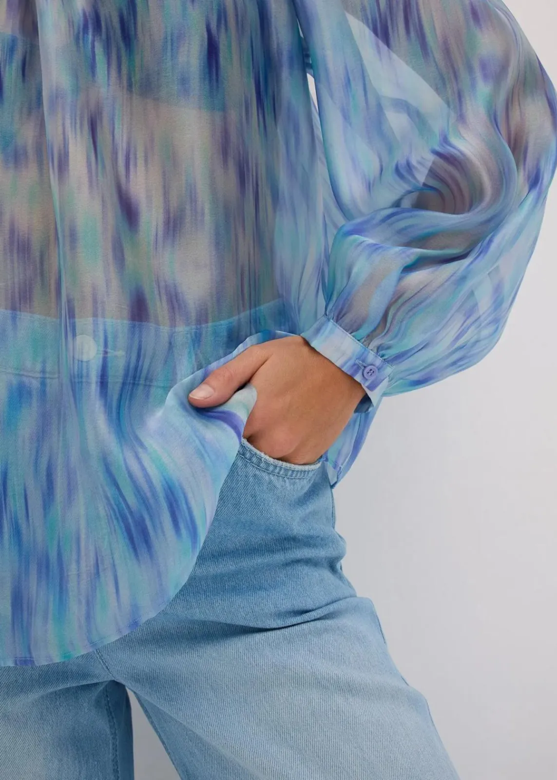 bonprix Blusen & Tuniken|One-Shoulder Chiffonbluse mit leichter Transparenz blau bedruckt