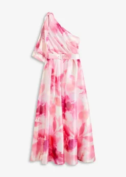 bonprix Bekleidung·Pullover & Strickjacken|Festliche Mode|One-Shoulder-Kleid aus glänzendem Satin weiß/pink geblümt