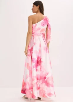 bonprix Bekleidung·Pullover & Strickjacken|Festliche Mode|One-Shoulder-Kleid aus glänzendem Satin weiß/pink geblümt