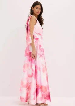 bonprix Bekleidung·Pullover & Strickjacken|Festliche Mode|One-Shoulder-Kleid aus glänzendem Satin weiß/pink geblümt