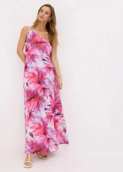 bonprix Bekleidung·Pullover & Strickjacken|Festliche Mode|One-Shoulder-Kleid aus strukturiertem Crepe weiß/pink geblümt