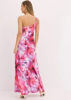 bonprix Bekleidung·Pullover & Strickjacken|Festliche Mode|One-Shoulder-Kleid aus strukturiertem Crepe weiß/pink geblümt