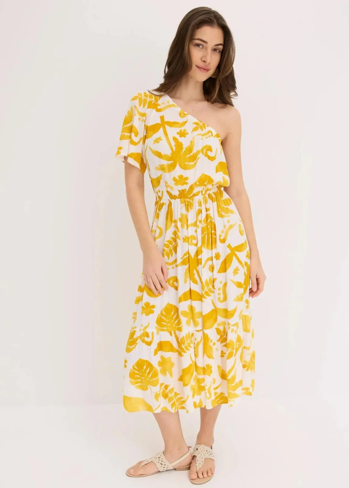 bonprix Bekleidung·Pullover & Strickjacken|Kleider|One-Shoulder-Kleid aus strukturierter Viskose weiß/lemoncurry floral