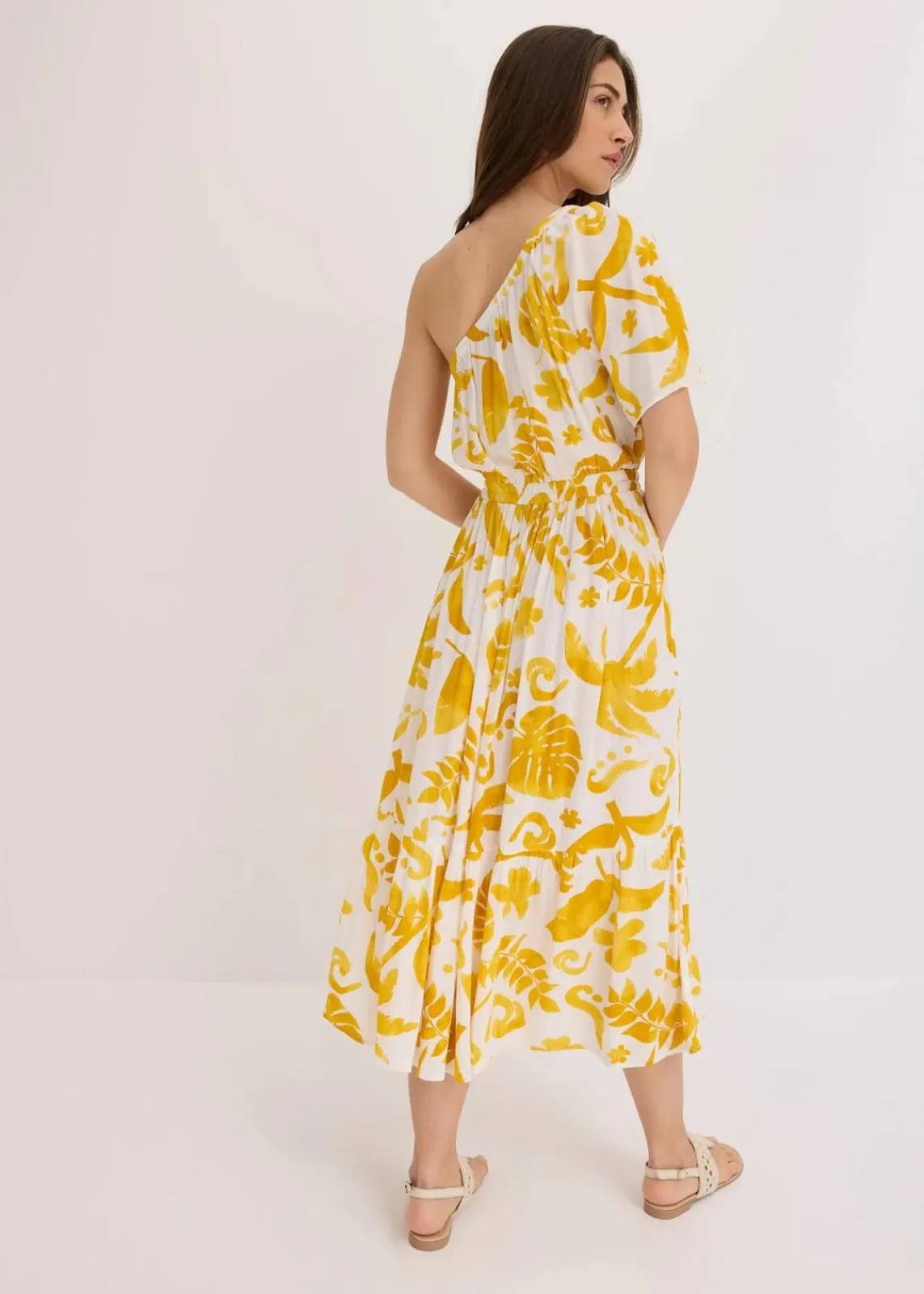 bonprix Bekleidung·Pullover & Strickjacken|Kleider|One-Shoulder-Kleid aus strukturierter Viskose weiß/lemoncurry floral