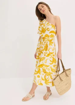 bonprix Bekleidung·Pullover & Strickjacken|Kleider|One-Shoulder-Kleid aus strukturierter Viskose weiß/lemoncurry floral