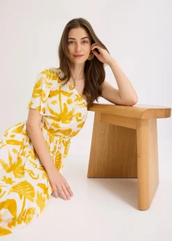 bonprix Bekleidung·Pullover & Strickjacken|Kleider|One-Shoulder-Kleid aus strukturierter Viskose weiß/lemoncurry floral