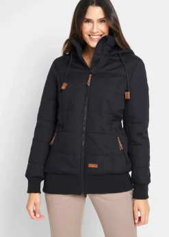 bonprix Bekleidung·Hosen|Jacken & Mäntel|Outdoorjacke mit Lederimitat-Details schwarz