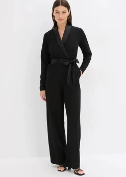 bonprix Bekleidung·Homewear|Festliche Mode|Overall aus strukturiertem Crepe mit Satin-Einsatz schwarz