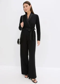 bonprix Bekleidung·Homewear|Festliche Mode|Overall aus strukturiertem Crepe mit Satin-Einsatz schwarz