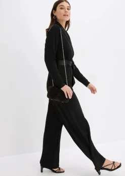 bonprix Bekleidung·Homewear|Festliche Mode|Overall aus strukturiertem Crepe mit Satin-Einsatz schwarz