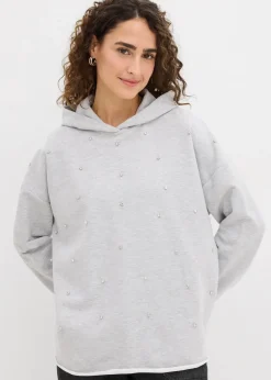 bonprix Bekleidung·Blusen & Tuniken|Sweat|Oversize Hoodie mit Ziersteinen hellgrau meliert
