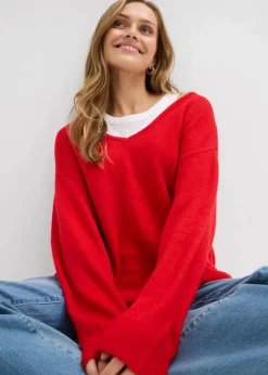 bonprix Pullover & Strickjacken|Strickmode|Oversize Longpullover mit Seitenschlitzen lavarot