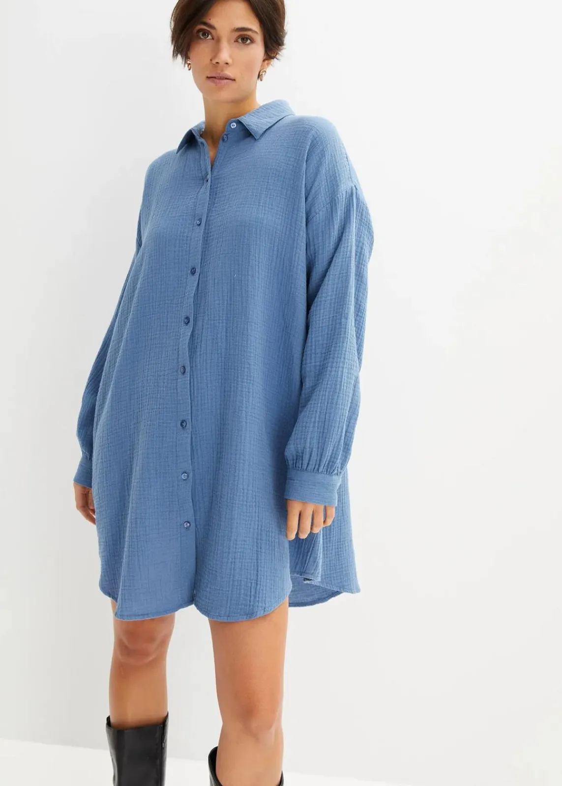 bonprix Blusen & Tuniken|Bekleidung·Jacken & Mäntel|Oversize Musselin-Longbluse jeansblau