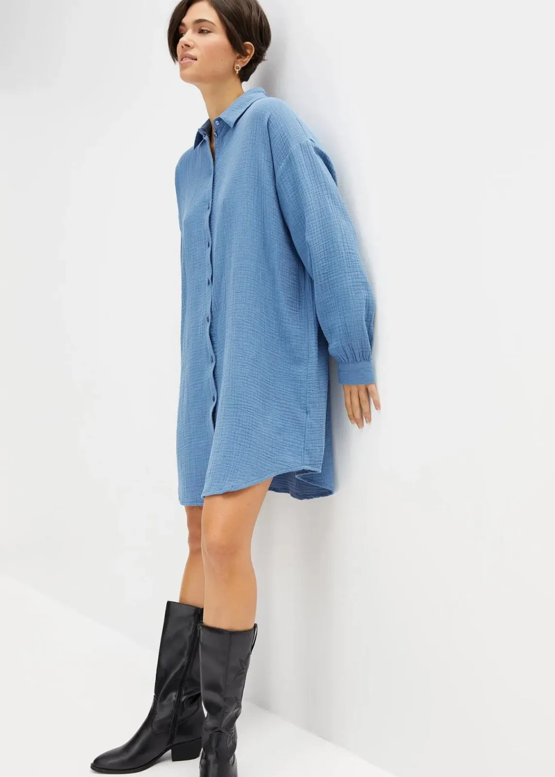 bonprix Blusen & Tuniken|Bekleidung·Jacken & Mäntel|Oversize Musselin-Longbluse jeansblau
